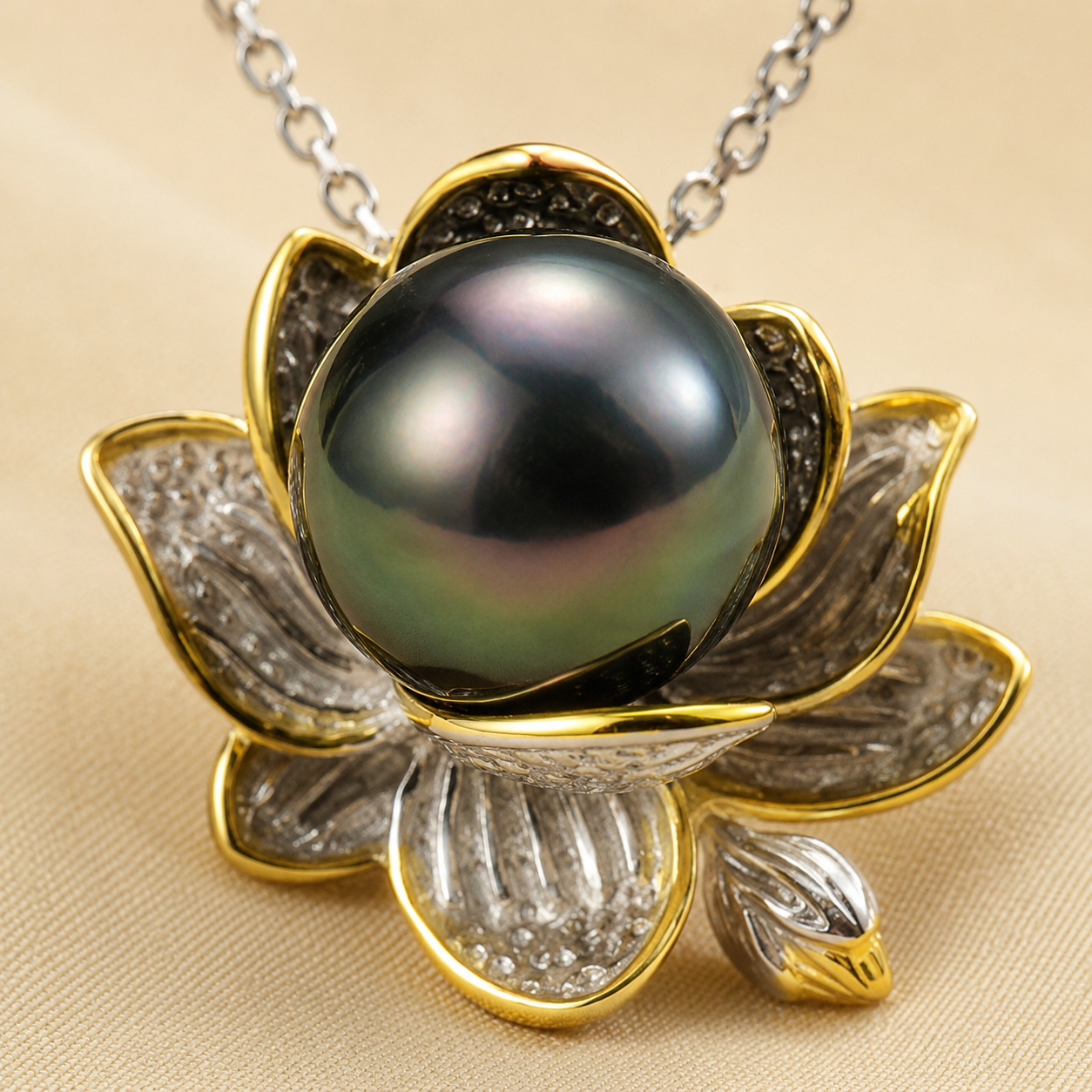 Collier Pendentif Perle de Tahiti Noire Fleur – Argent 925