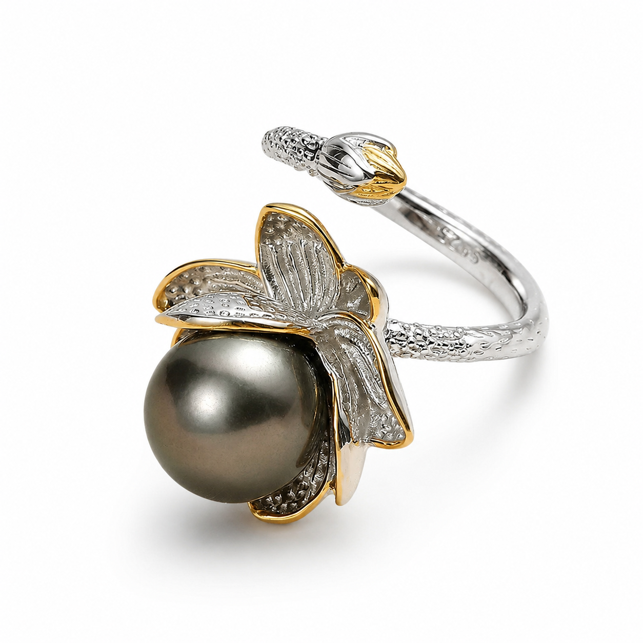 Bague Perle de Tahiti Noire Feuille