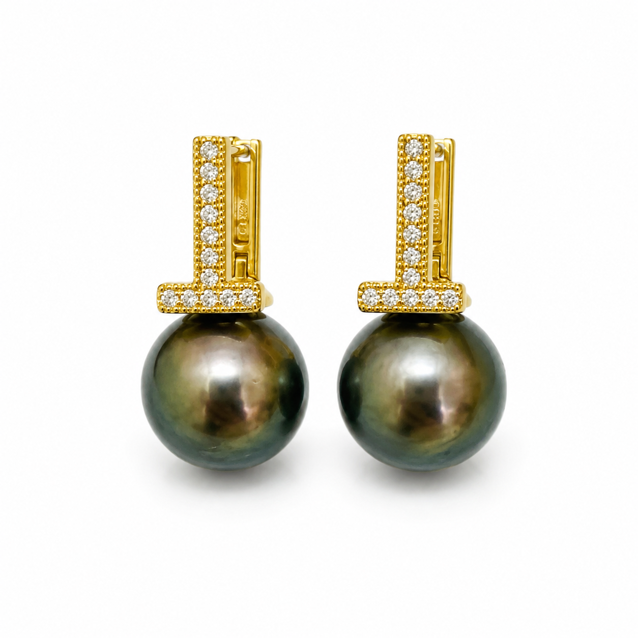 Boucles d'Oreilles Perle de Tahiti Verte Ronde 10-11 mm – Argent 925