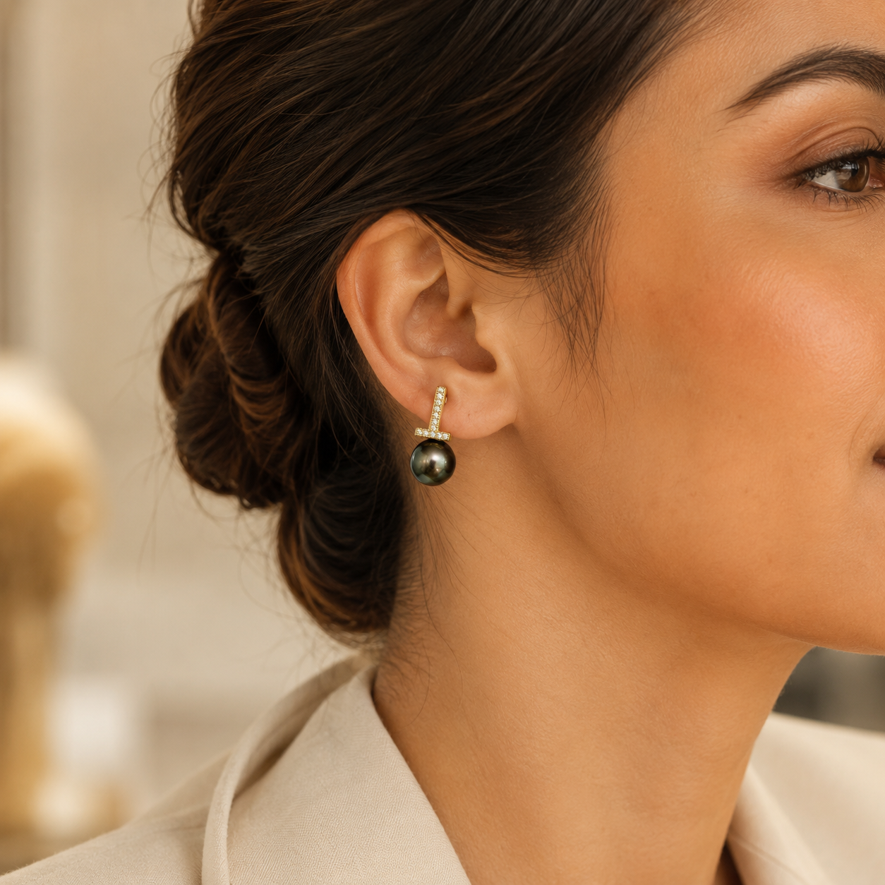 Boucles d'Oreilles Perle de Tahiti Verte Ronde 10-11 mm – Argent 925