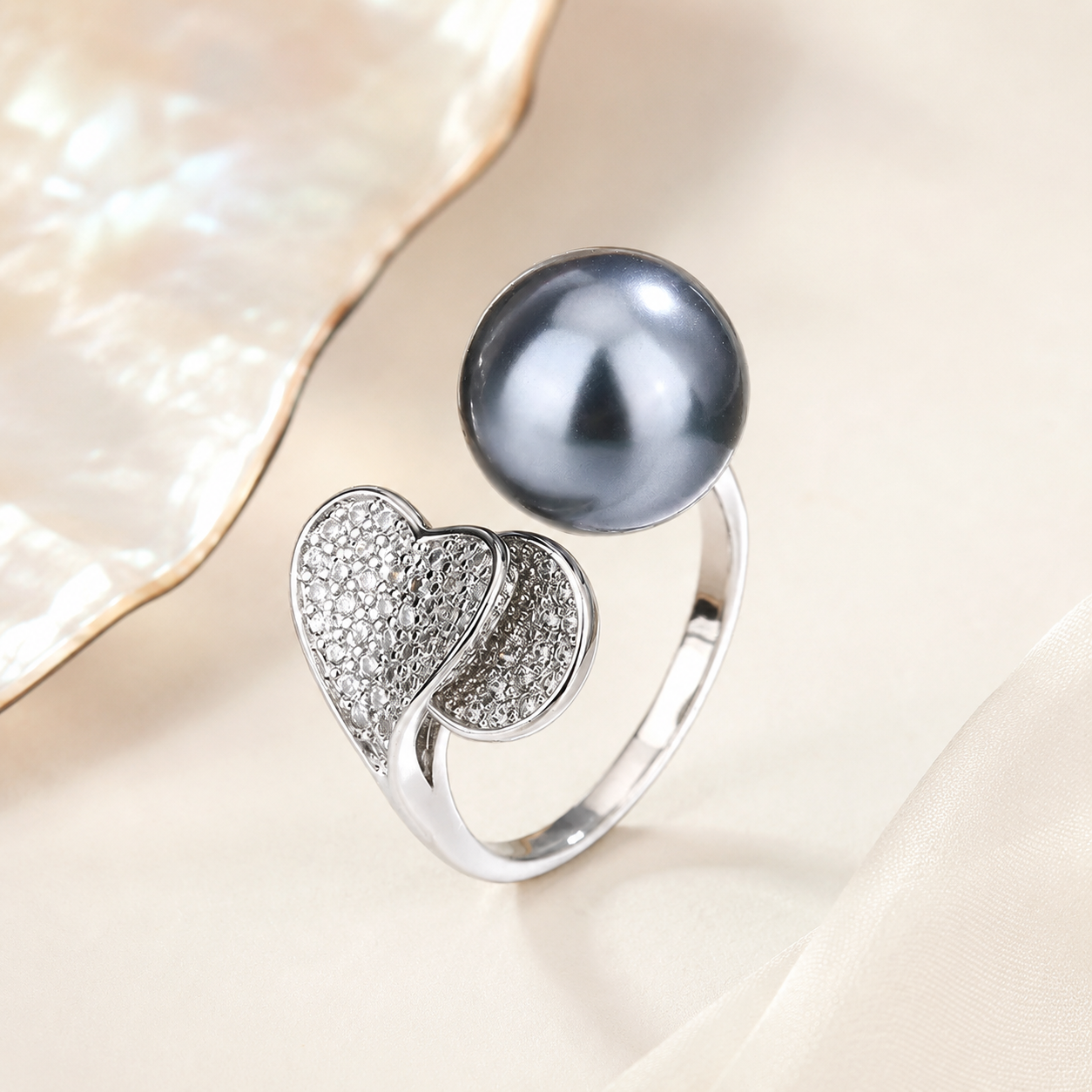 Bague Perle de Tahiti Cœur & Zircon – Argent 925