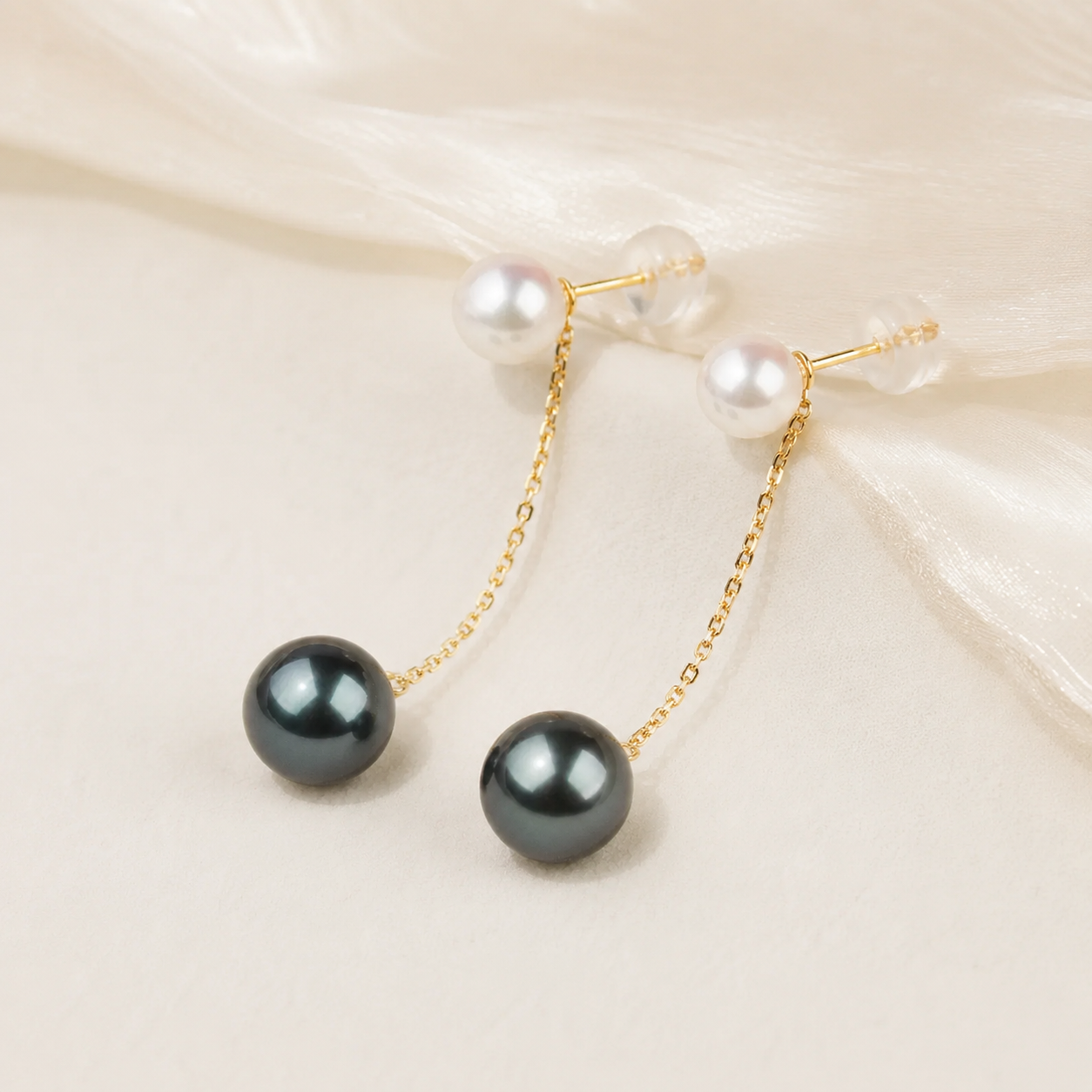 Boucles d'Oreilles Perle de Tahiti Noire & Perle Akoya