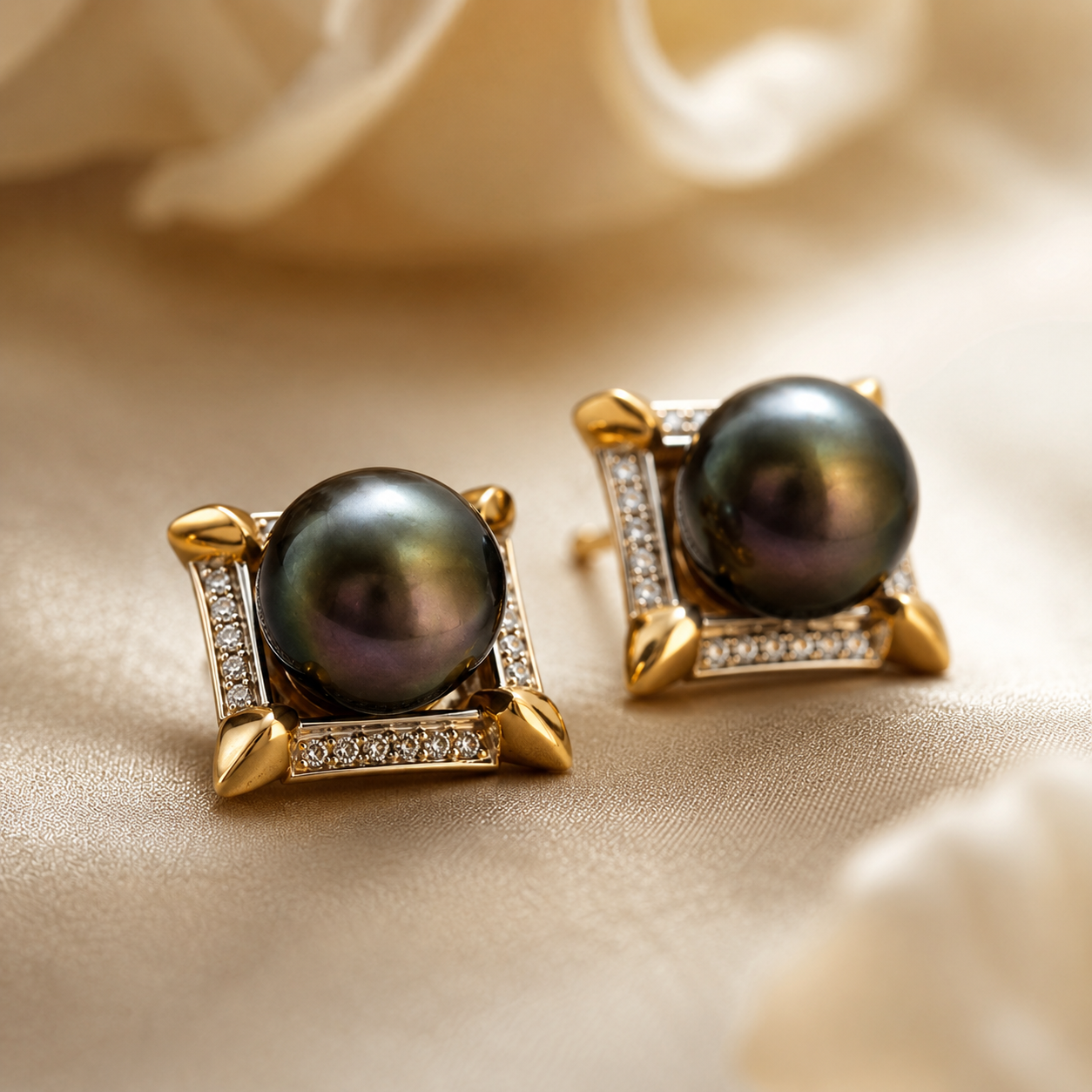 Puces d'Oreilles Perle de Tahiti Noire Rétro