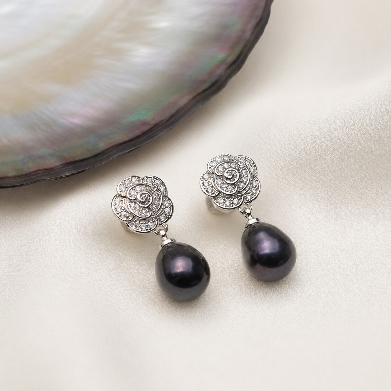 Boucles d'Oreilles Perle de Tahiti Noire Goutte – Argent 925