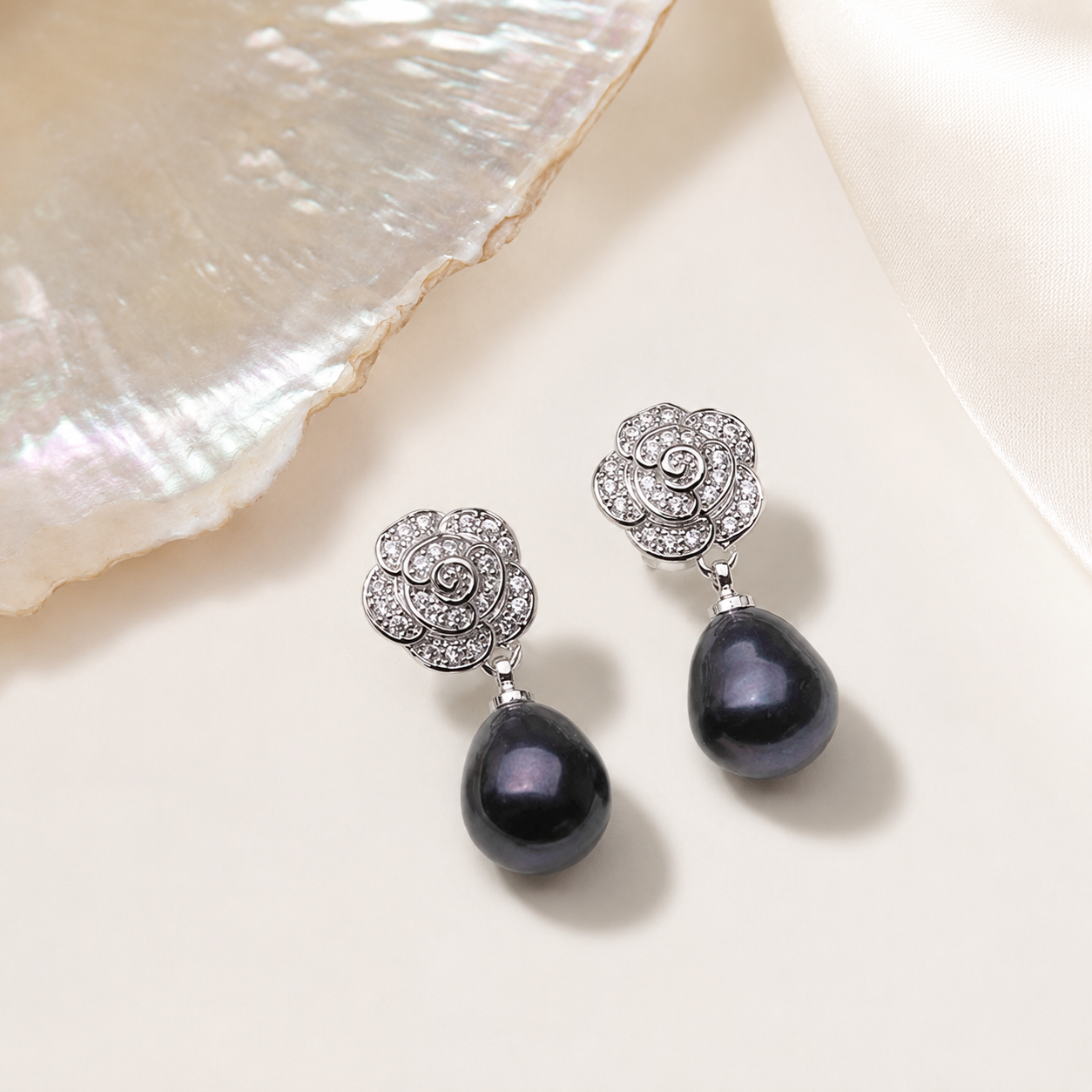 Boucles d'Oreilles Perle de Tahiti Noire Goutte – Argent 925
