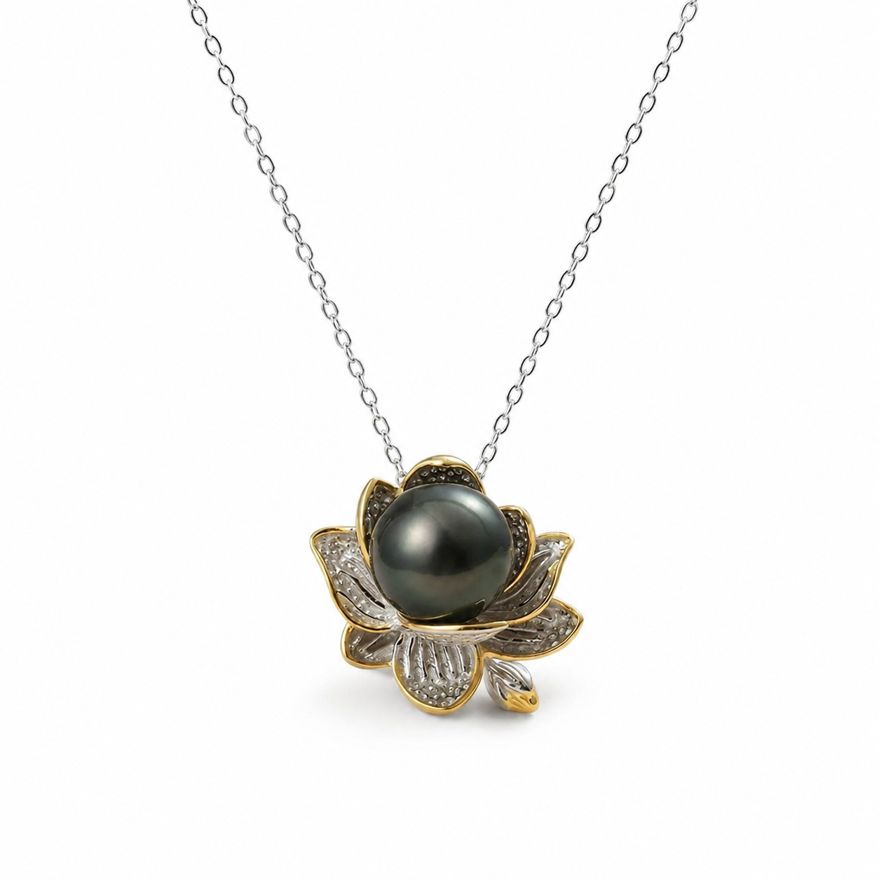 Collier Pendentif Perle de Tahiti Noire Fleur – Argent 925