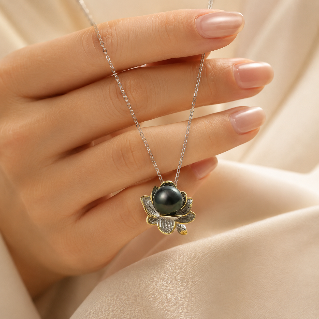 Collier Pendentif Perle de Tahiti Noire Fleur – Argent 925