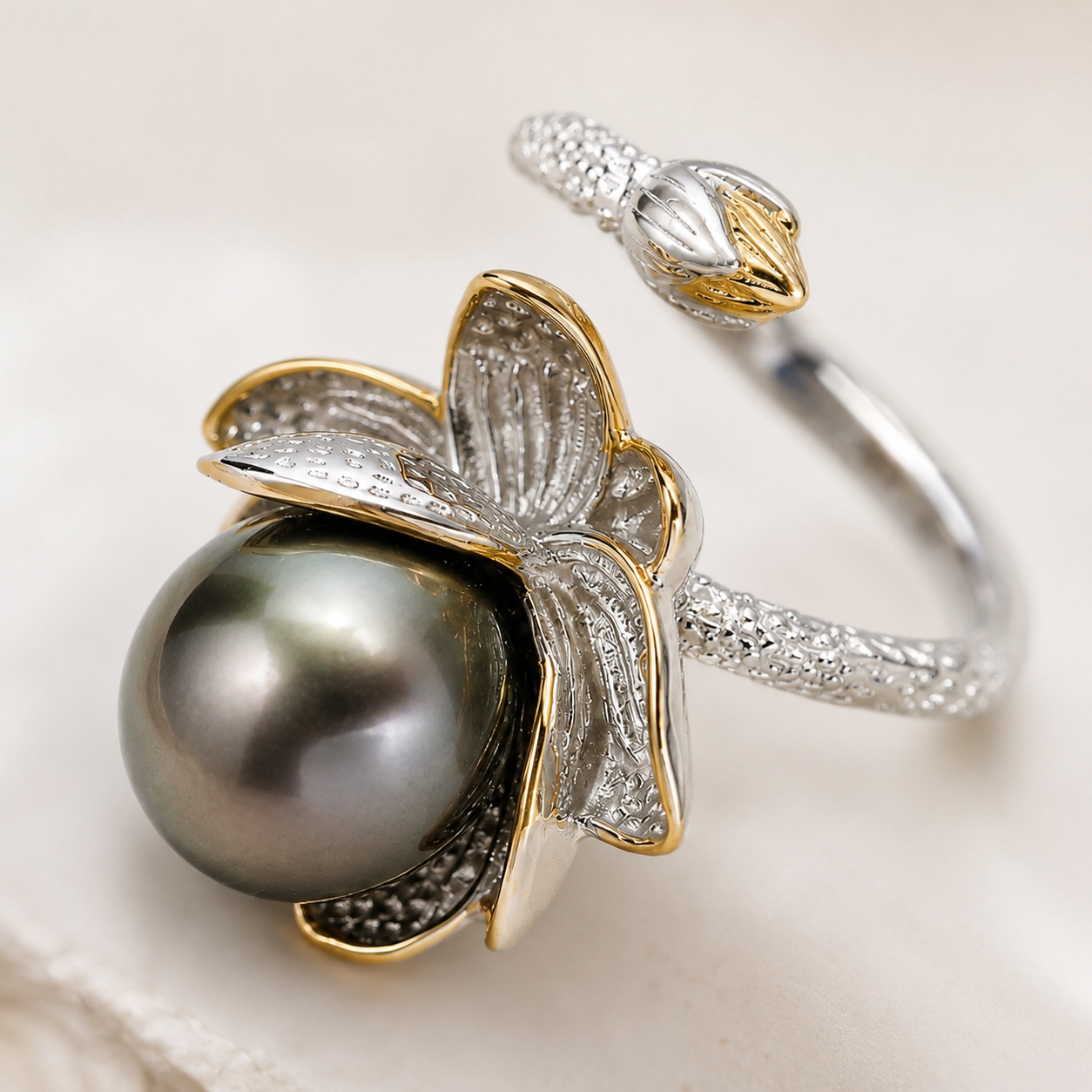 Bague Perle de Tahiti Noire Feuille