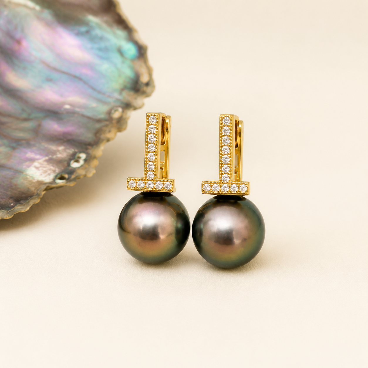 Boucles d'Oreilles Perle de Tahiti Verte Ronde 10-11 mm – Argent 925