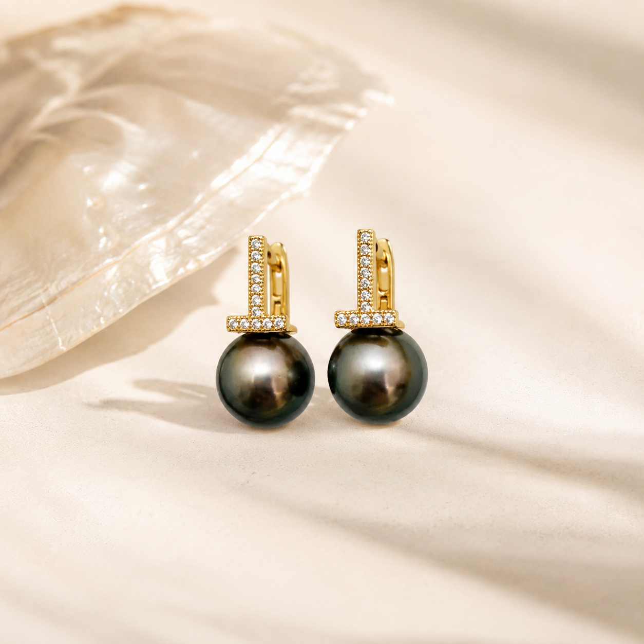 Boucles d'Oreilles Perle de Tahiti Verte Ronde 10-11 mm – Argent 925