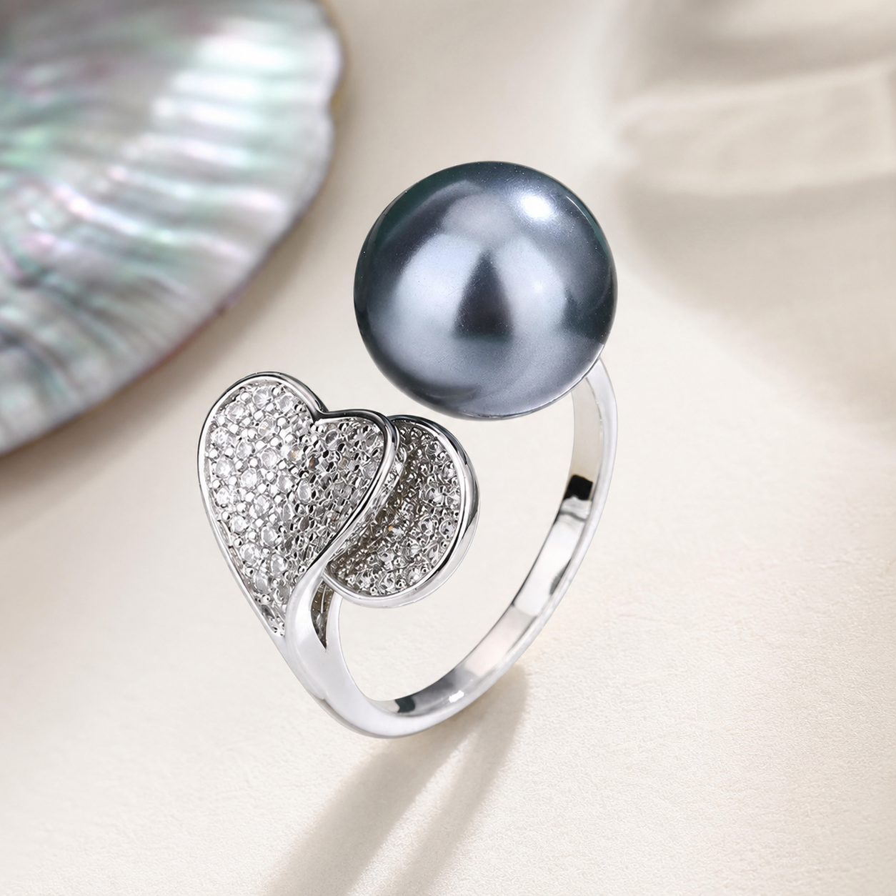 Bague Perle de Tahiti Cœur & Zircon – Argent 925
