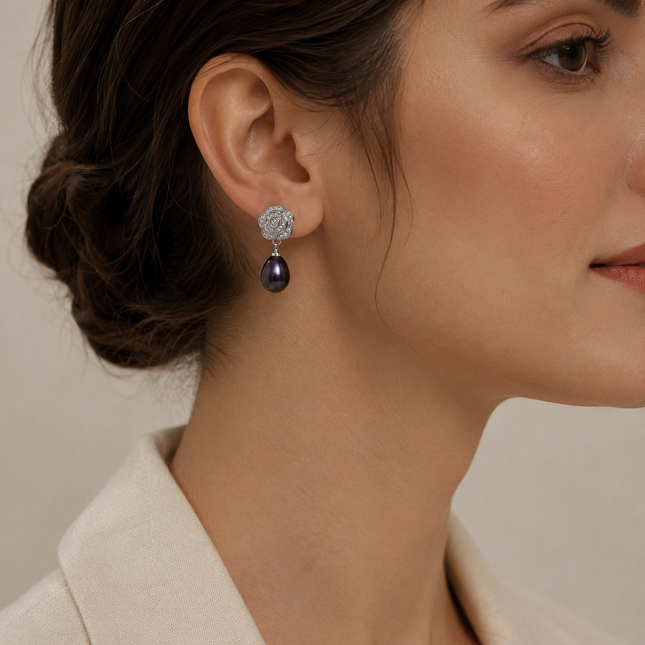 Boucles d'Oreilles Perle de Tahiti Noire Goutte – Argent 925