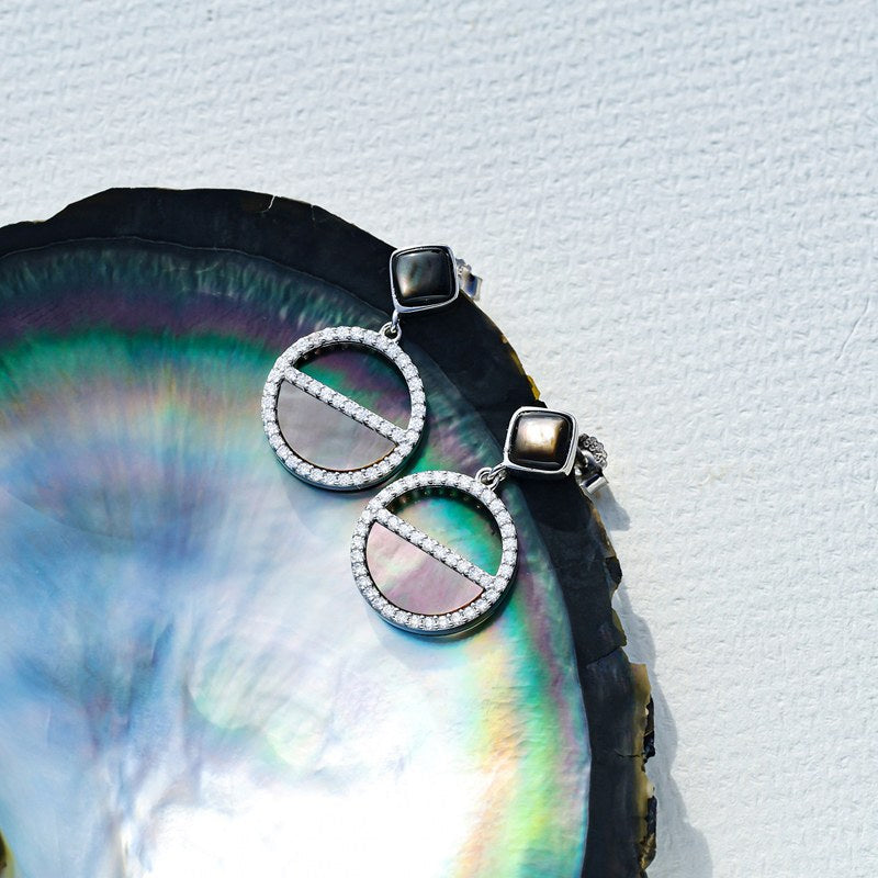 Boucles d'oreilles Perle de Nacre – Cercle Pavé Argent – Nacréa Tahiti