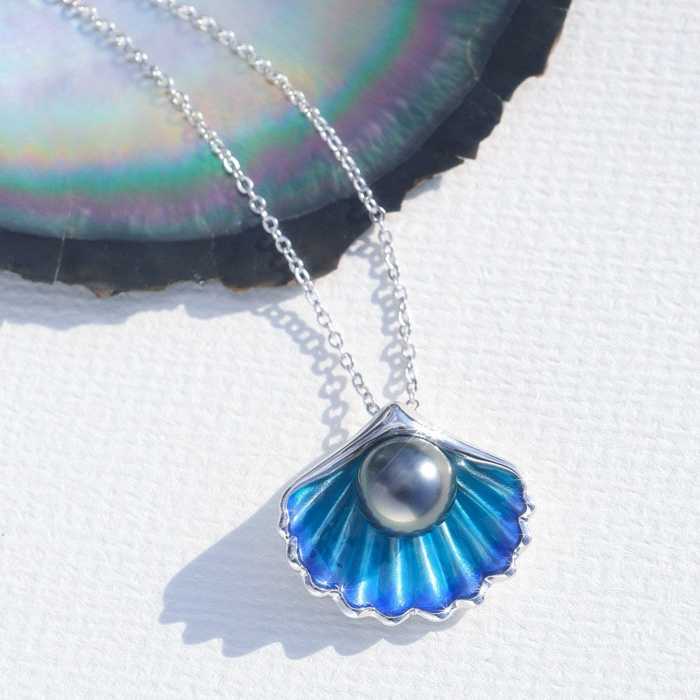 Pendentif Perle de Tahiti – Coquillage Émaillé Bleu Argent 925 – Nacréa Tahiti