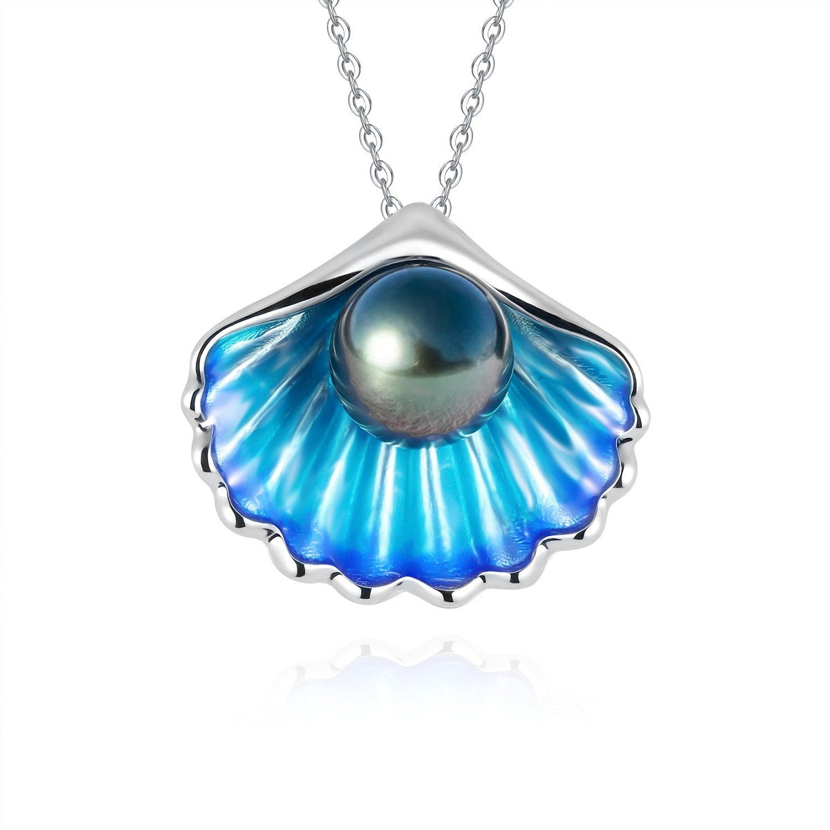 Pendentif Perle de Tahiti – Coquillage Émaillé Bleu Argent 925 – Nacréa Tahiti